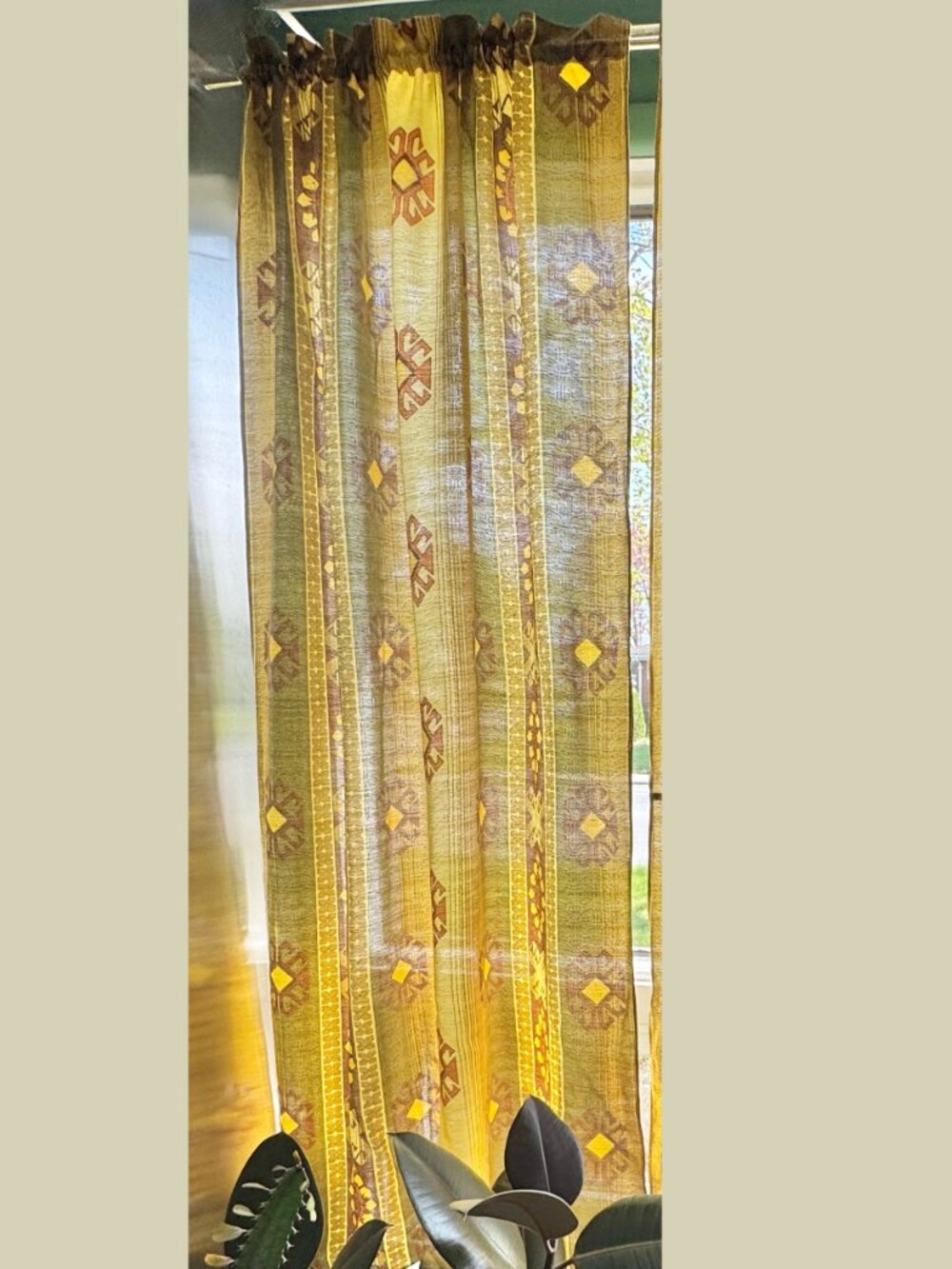 Vintage 60s curtain, olive green, yellow orange abstract stripes, single panel